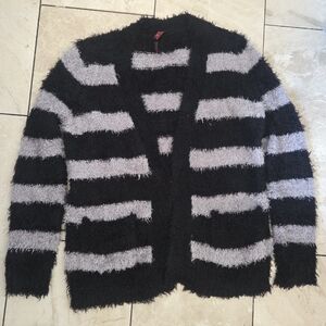 Cozy Black and Gray Striped Fuzzy Cardigan